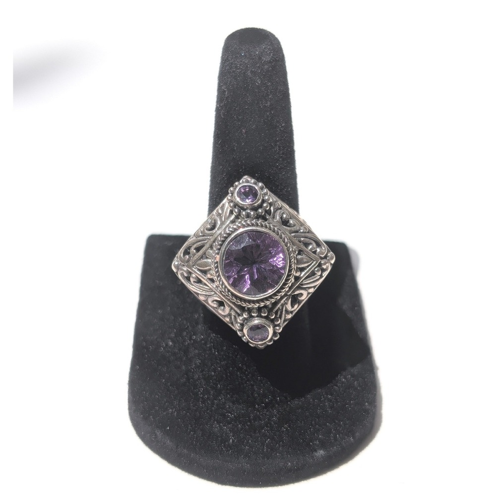 Sarda Sterling Silver Amethyst Filigree Statement‎ Ring Size 6.5 Bohemian Scroll